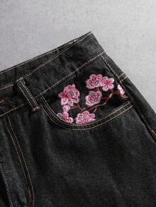 Manfinity Denimwave Vintage Versatile Niche Design Floral Embroidery Loose Wide Leg Casual Denim Shorts, Suitable For Summer - Black - View 6