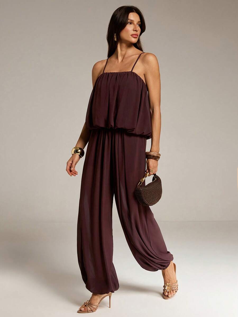 SHEIN Tall 2pcs/Set 2026 Spring/Summer New Pleated Floral Camisole Top And Elastic Waist Cargo Pants Chiffon Suit, Brown - Brown - View 1