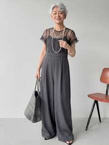 FRIFUL Women's Mesh Patchwork Pocket Wide Leg Jumpsuit Lounge Sets For Women Summer Jumpsuits For Women Golf Pastal Sexy - Grey - View 3