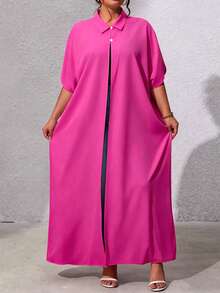 EMERY ROSE Fashionable Casual Solid Color Long Blouse For Plus Size Women - Hot Pink - View 6