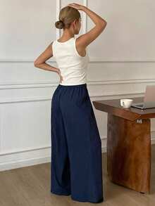 DAZY Bộ 2 món gồm áo tank top không tay ôm sát và quần dài ống đứng rộng rãi dành cho nữ, thích hợp mặc ở nhà vào mùa hè. - trắng - Xem 2