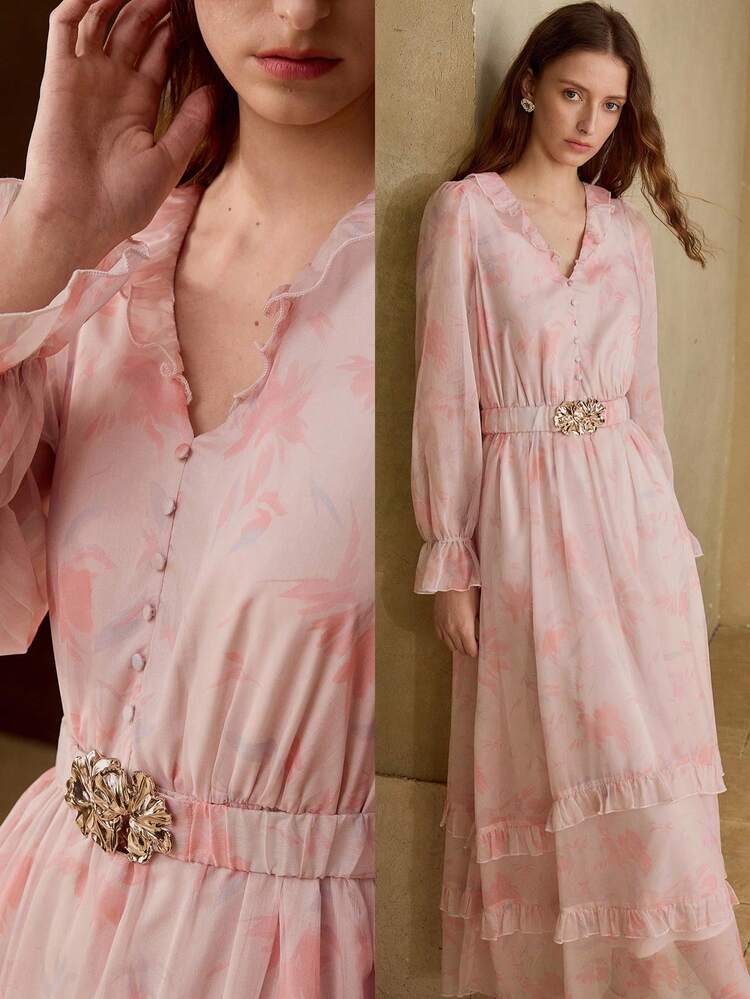 WOMEN'S ELEGANT V-NECK RUFFLE HEM FLORAL PRINT DRESS