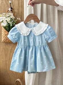 SHEIN Vintaside Kids 1 bộ áo liền quần tay ngắn kẻ sọc thêu họa tiết dễ thương và thanh lịch cho bé gái, chất liệu nhẹ. - Màu xanh lam - Xem 3