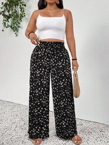 SHEIN PETITE CURVE 大码休闲印花宽松裤 - 黑色 - 查看 5