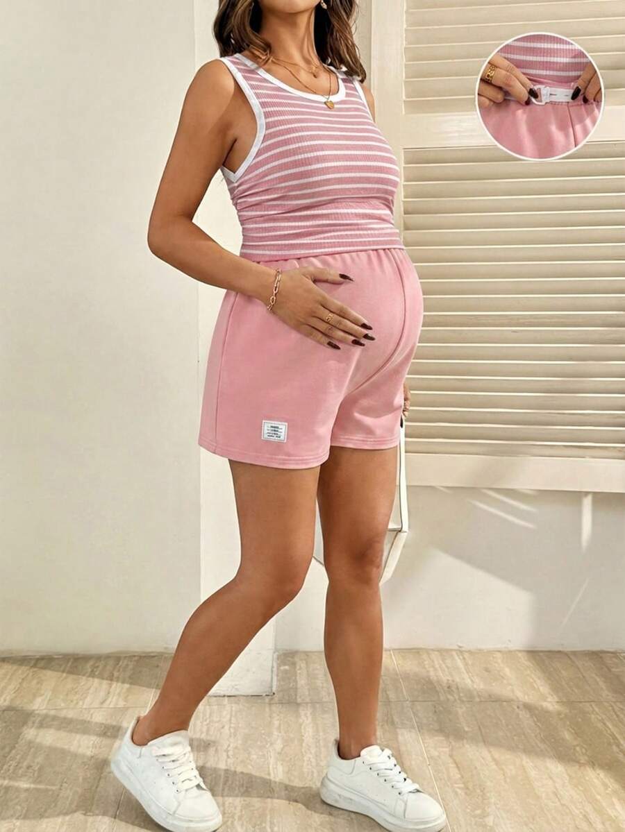 SHEIN 两件套孕妇条纹圆领背心和可调节腰围短裤套装 - 粉色 - 查看 1