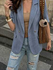 SHEIN PariChic Áo blazer nữ tay ngắn màu nâu, hàng mới về năm 2026, chất liệu cotton pha lanh, cúc kim loại, túi giả, thích hợp mặc đi làm, đi nghỉ mát. - Màu xanh bụi bặm - Xem 5