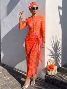 Swim Shayni Women's Floral Print Long Sleeve Zipper Front Jumpsuit Burkini Set With Coverup And Skirt, Vacation - Orange - View 1