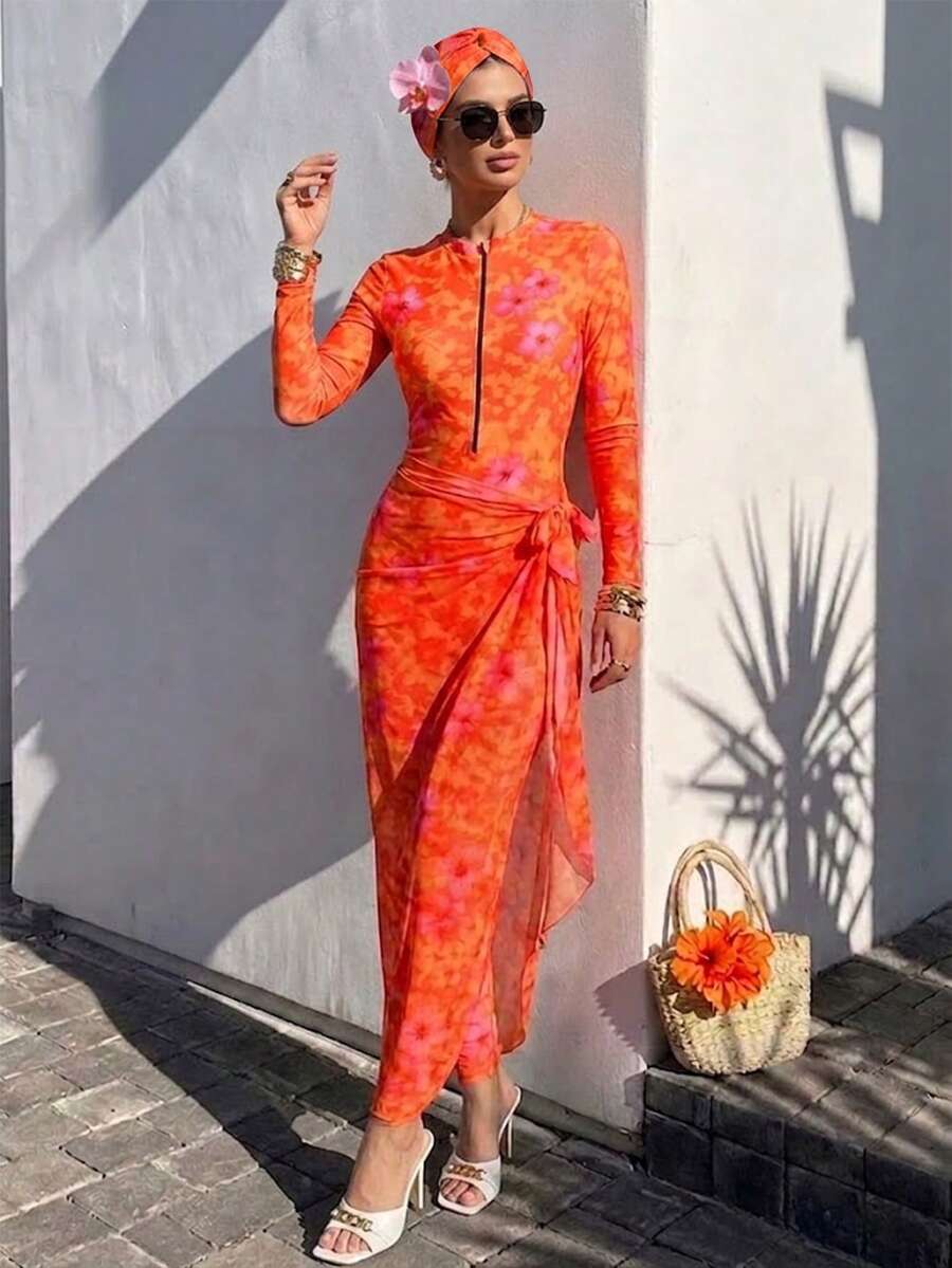 Swim Shayni Women's Floral Print Long Sleeve Zipper Front Jumpsuit Burkini Set With Coverup And Skirt, Vacation - Orange - View 1