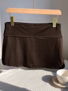 SHEIN EZwear Women's Casual Solid Color Skort, Minimalist Versatile For Daily Commute, Summer - Chocolate Brown - View 3