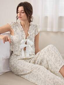 Ocili Floral Print Tie Front Top And Pants Women Pajama Set Holiday Season - Multicolor - View 1