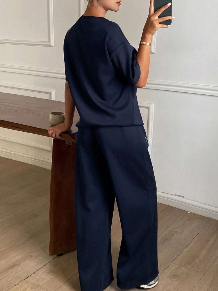 2pcs/Set Women Casual Street Style Loose Short Sleeve T-Shirt And Straight Leg Pants, Spring/Summer