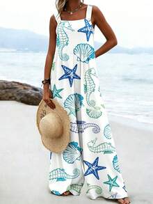 Balvessa Women's Vacation Casual Starfish, Seashell, Seahorse Print Jumpsuit - Multicolor - View 3