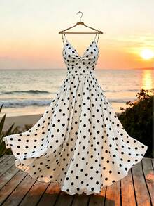 Everyssa Women's White With Black Polka Dots Sleeveless Camisole Dress,Summer Vintage Beach Vacation Swing Holiday,Elegant A-Line Slip Skirt - Apricot - View 3