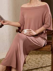 极简针织露肩上衣和迷你裙套装，女士家居服 - 粉色 - 查看 7