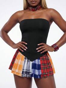 Vestido mini ajustado sin mangas con estampado de cuadros en contraste para mujer - Multicolor - Ver 5