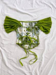 Top con estampado de jacquard floral colorido y estilo vintage palaciego con botones y lazo en la espalda, elegante para vacaciones y citas.Crop top hombros descubiertos, tropical, ve - Multicolor - Ver 2