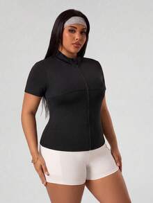 SHEIN Rhythm Era Plus Size Dopamine Pink Raglan Short Sleeve Zip-Up Jacket - Black - View 4