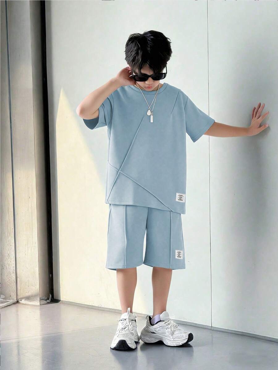 SHEIN Mirajuku Tween Boy Solid Color Round Neck Short Sleeve Loose Casual Summer 2 Pieces Set - Blue - View 1