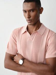 MENRIVO Men's Solid Color Polo Collar Short Sleeve Casual Knitted Top Pink Sweater Men's Fitted - Multicolor - View 2