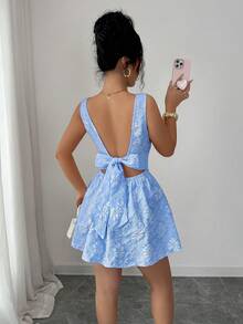 Elenzga Vestido elegante sin mangas con espalda anudada y estampado jacquard, para verano - Celeste - Ver 2