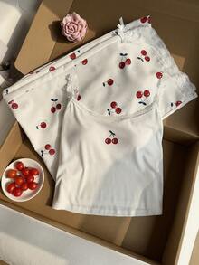 Comfortcana Fruit Print Lace Trim Camisole And Tank Top 2-Piece Set, Casual Sweet Style For Plus Size, Spring/Summer - White - View 7