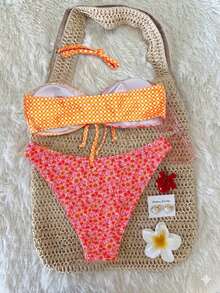 Women's Random Print Spaghetti Strap Tie-Front Bikini Set, Spring/Summer - Multicolor - View 3