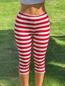 SHEIN EZwear Quần legging nữ dài đến khuỷu tay (7/8) ôm sát, quần tất nữ, sọc đỏ trắng, trang phục mùa hè cho nữ. - Nhiều màu - Xem 4