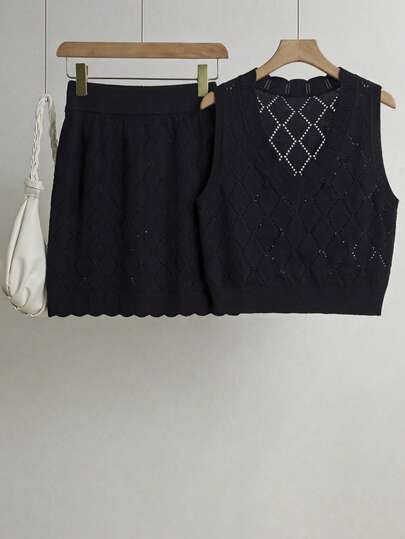 Franclia Women's Hollow V-Neck Knit Vest And Knit Mini Skirt 2 Pieces Set