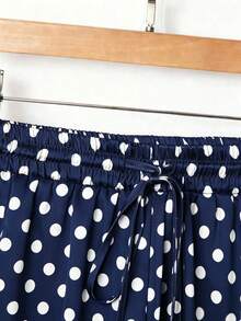 Franclia Plus Size Satin Drawstring Tie Waist Straight Leg Pants - Navy Blue - View 4