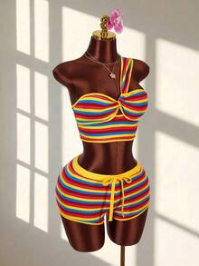 Amplova Women's Striped Twist Knot Sleeveless Top And Shorts 2 Pieces Set, Vacation - Multicolor - View 6