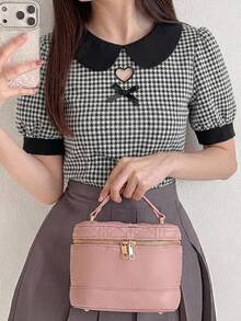 FRIFUL Women's Patchwork Peter Pan Collar Short Sleeve Fitted Casual T-Shirt, Versatile For Spring & Summer Plaid - Black - View 1