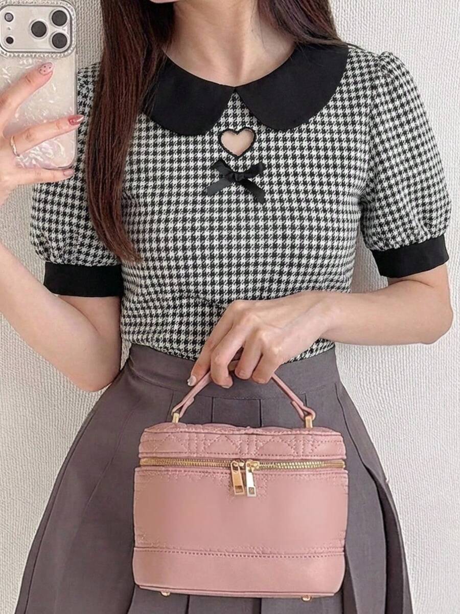 FRIFUL Women's Patchwork Peter Pan Collar Short Sleeve Fitted Casual T-Shirt, Versatile For Spring & Summer Plaid - Black - View 1