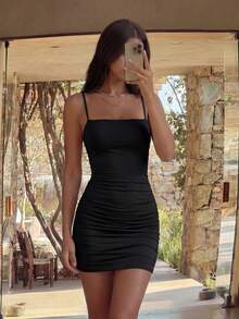 Bonvoyette Ruched Detail Bodycon Dress - Black - View 1