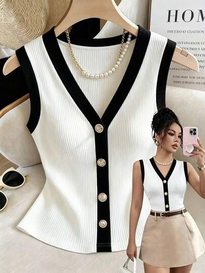 Franclia Áo vest nữ thanh lịch, co giãn, gân sọc, cổ chữ V phối đen trắng, thắt eo, trang trí khóa kim loại, trang phục mùa hè cho nữ, áo mùa hè, trang phục lễ hội, áo khoác ngoài, áo nữ thanh lịch, trang phục nghỉ dưỡng cho nữ, trang phục thường ngày cho nữ, áo trắng, phối đen trắng, khóa kim loại, thời trang và đa năng.