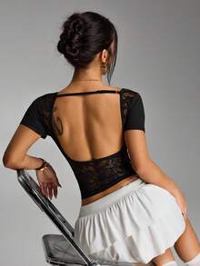 SHEIN HypeZone 女士时尚优雅短袖修身瑜伽上衣，性感U型露背蕾丝设计，夏季 - 黑色 - 查看 4