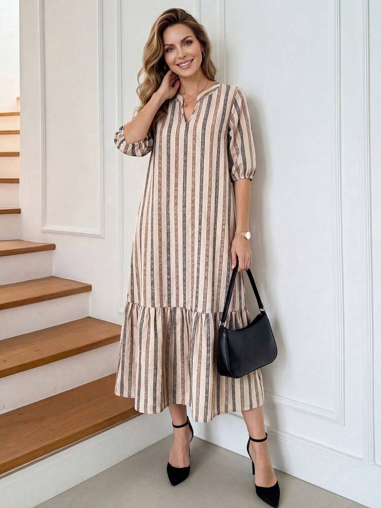 Women's Daily Wear Holiday DressSpring And Summer V-Neck Brush Print Khaki Daily Casual DressModest Dresses For WomenTeacher Outfits For Women Mothers Day Outfit Gift For Mom