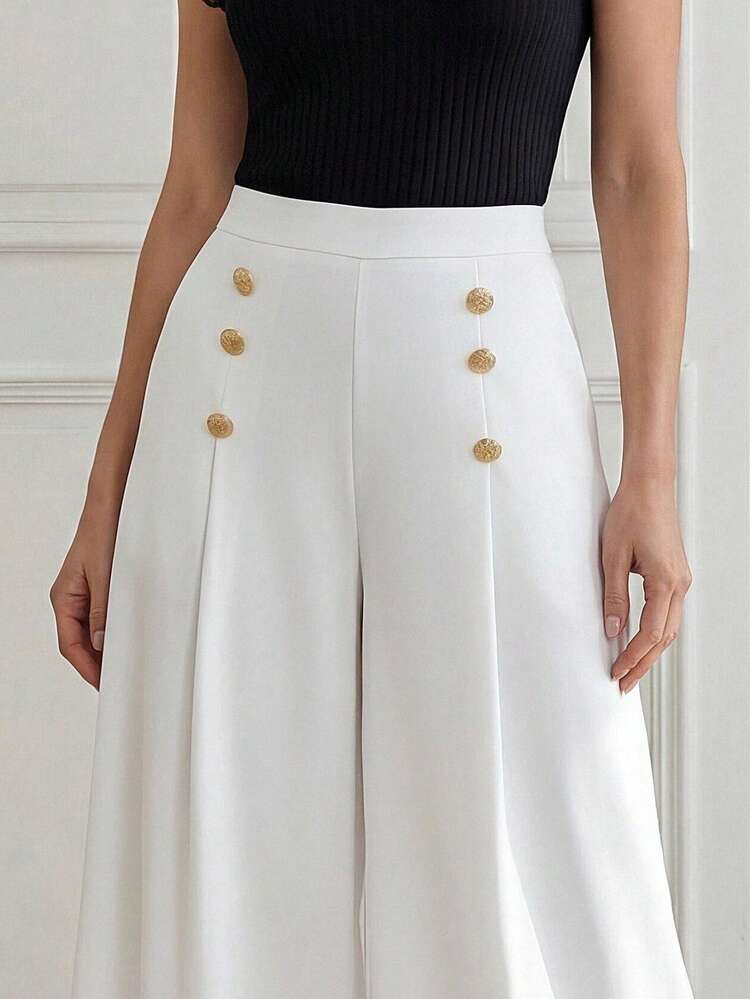 Women's Solid Color Button Design Pocket Wide Leg Loose Pants,Summer Pants,Festival Outfit Women,Going Out Pants,Elegant Pants For Women,Formal Pants, Office Outfits For Women,White Pants