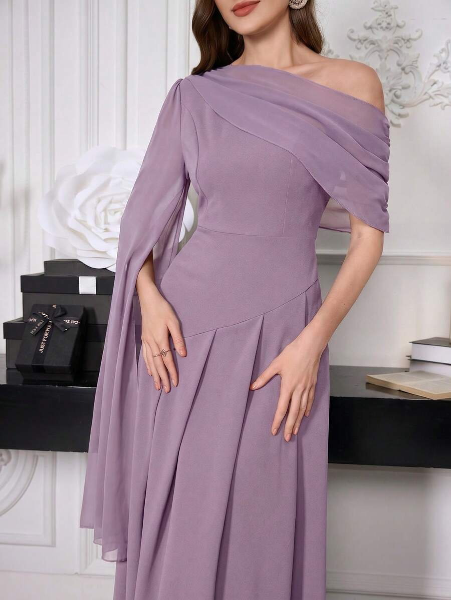 Modelyn 女士斜肩纯色长款休闲连衣裙,日常穿着的女士长款连衣裙,晚礼服 - 紫色 - 查看 1