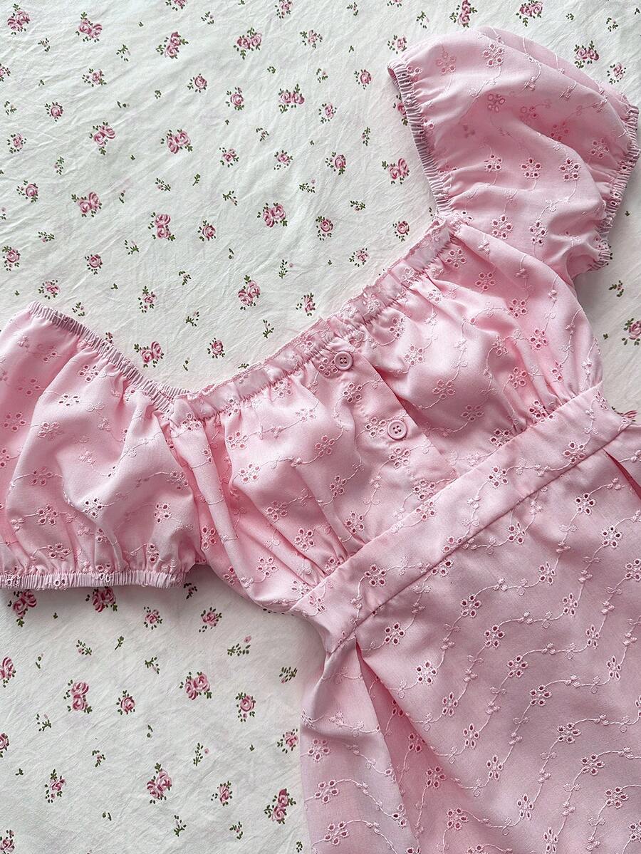 Flirla Áo kiểu nữ mùa hè giản dị, chất liệu jacquard màu hồng, cổ vuông, viền bèo nhún, tay ngắn, cài cúc phía trước, thích hợp cho đi biển, nghỉ mát, dự tiệc, đi học. - Hồng - Xem 1