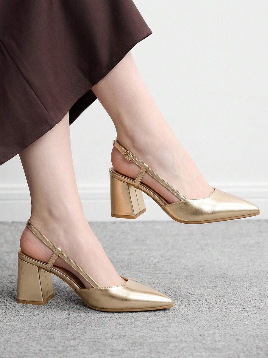 CUCCOO BIZCHIC Sepatu hak tinggi wanita warna hitam, model terbuka, ujung runcing, hak sedang tebal, desain minimalis klasik, cocok untuk bepergian, kencan, pesta, liburan, pernikahan, Natal, dan musim semi. - Kuning keemasan - View 1