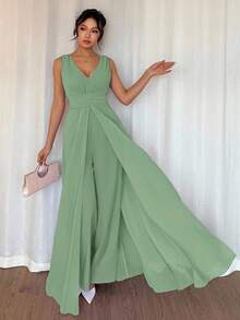 Rafferiza Elegant V-Neck Ruched Waist Pearl Chiffon Wide Leg Jumpsuit, Suitable For Wedding Guest Dress, Purple - Mint Green - View 6