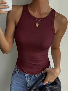 DAZY Kamisol Wanita Elegan Warna Polos Pas Badan, Cocok untuk Musim Gugur & Musim Dingin & Musim Panas - Burgundy - View 5