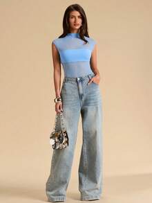 SHEIN BAE Áo liền thân không tay màu đen gợi cảm, chất liệu lưới xuyên thấu, phối họa tiết bất đối xứng. - Màu xanh nhạt - Xem 4