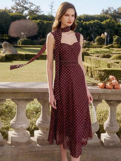 L'Amorae Đầm nữ thanh lịch kiểu cổ điển, chất liệu chiffon lưới in chấm bi, xếp ly, dây mảnh, cổ hình trái tim, dáng ôm đuôi cá, thích hợp cho công sở, đi nghỉ mát.