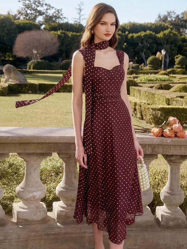 L'Amorae Vintage Elegant Women's Dress, Polka Dot Print Mesh Chiffon Pleated Spaghetti Strap Heart-Shaped Neck Bodycon Fishtail Dress, Casual Office Holiday Dress