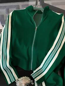 Franclia Bộ 2 món áo hoodie dài tay kẻ sọc có khóa kéo và quần thường ngày cho nữ - màu xanh lá - Xem 4