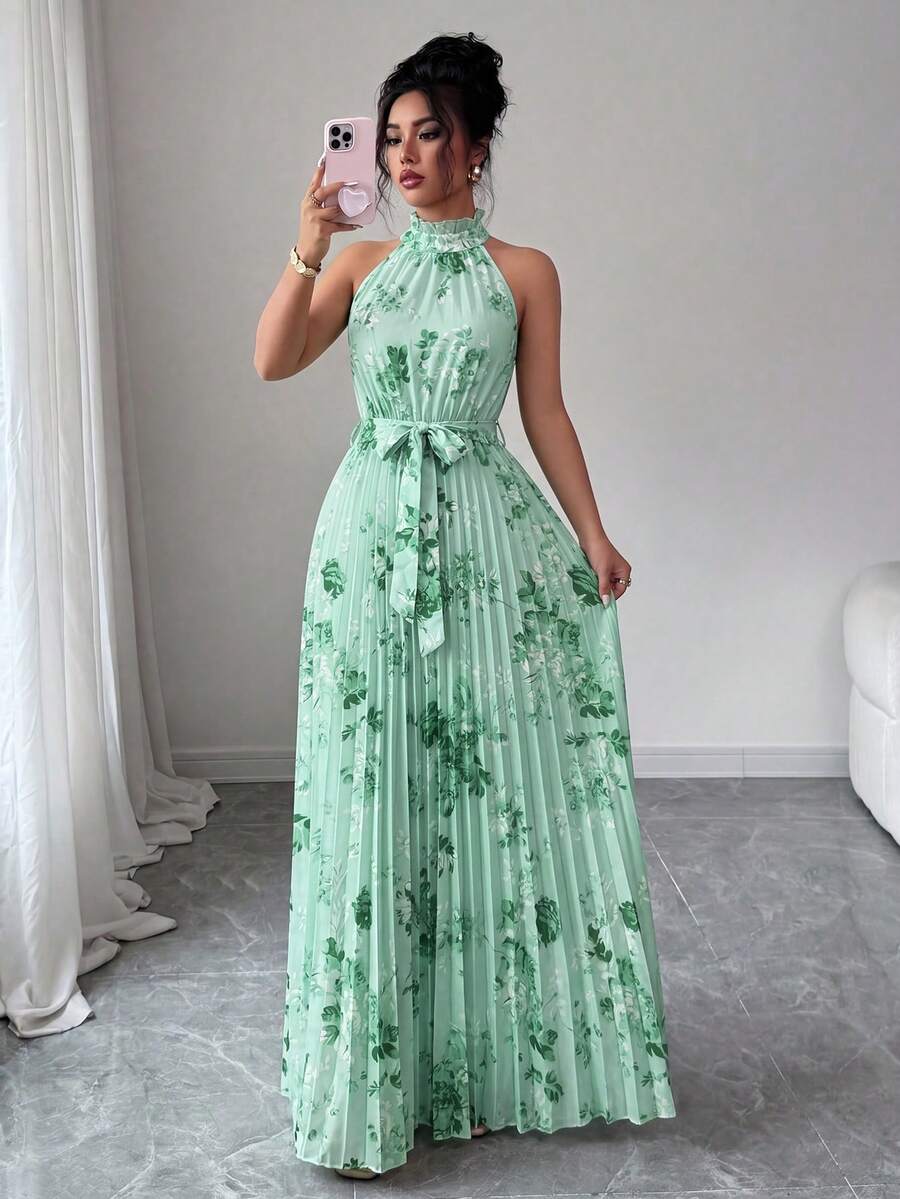 Elenzga Gaun Tanpa Lengan Model Halter Model A-Line Motif Bunga Elegan dan Romantis untuk Wanita - MultiWarna - View 1