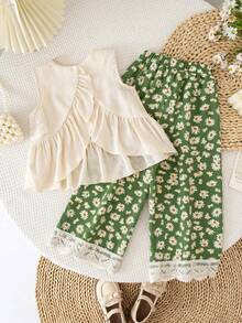 Emery Rose Kids Emery Rose Kids 2件套女童无袖纯色圆领休闲上衣和长裤套装，带荷叶边的幼儿女童夏季套装；2件套幼儿女童可爱复古风碎花套装，夏季服装；儿童夏季两件套女童服装；少女服装裤装套装；女童无袖上衣和碎花阔腿裤套装，带蕾丝边，非常适合夏季玩耍；夏季服装；春季女童套装；两件套女童裤装；少女两件套夏季服装，荷叶边飘逸套装，女童裤装和上衣 - 綠色 - 查看 2