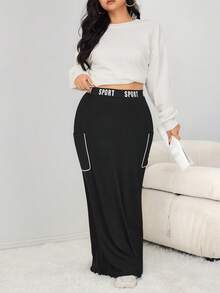Mulvari Plus Size Letter Print Knit Band Casual Skirt With Pockets - Black - View 6