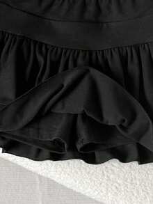 SHEIN Young Girl Knitted Solid Color Cute Ruffle Layered Built-In Shorts Mini Skirt,Black Skirts For Girls,Kids,Plain - Black - View 6